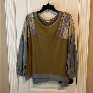We The Free Olive and Gray Patchwork Long Sleeve Tee